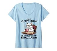 Womens I Have Selective Hearing Cat Coffee Humor for Cat Lovers V-Neck T-Shirt