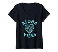 Women's I Heart Aloha Vibes Wavy Hawaii V-Neck T-Shirt