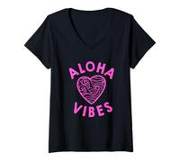 Women's I Heart Aloha Vibes Wavy Hawaii V-Neck T-Shirt