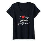 Womens I Heart My Gamer Girlfriend Cute Cursive Red Heart Love V-Neck T-Shirt