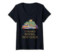 Women's I Hoard Books Funny Book Dragon Reading Lover V-Neck T-Shirt