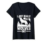 Women's I Just Really Like Wolves Ok? Howling Wolf Silhouette V-Neck T-Shirt