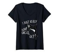Women's I Just Really Love Orcas, OK? Fancy Jumping Whale Silhouette V-Neck T-Shirt