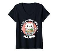Womens I Just Really Love Ramen Cute Anime Cat Noodle Bowl V-Neck T-Shirt