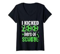 Womens I Kicked 100 Days of School Soccer 100th Day Sport Kids Boys V-Neck T-Shirt