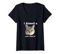 Women's I Kissed a Cat and I Liked it Funny Novelty Design V-Neck T-Shirt