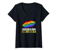 Womens I kissed a girl and I liked it Surprise for LGBTQ Lesbian V-Neck T-Shirt
