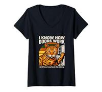 Women's I Know How Doors Work Funny Office Cat Quote V-Neck T-Shirt