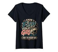 Women's I Know I Fish Like A Girl Try to Keep Up Angler V-Neck T-Shirt