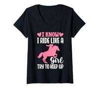Womens I Know I Ride Like A Girl Try to Keep Up Funny Horse Girls V-Neck T-Shirt