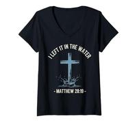 Women's I Left It in The Water Vintage Baptism Cross Matthew 28 V-Neck T-Shirt
