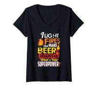 Women's I Light Fires Funny Camping Gifts Funny Camper Beer Drinking V-Neck T-Shirt