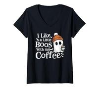 Womens I Like A Little Boos with My Coffee Halloween Ghost Gifts V-Neck T-Shirt