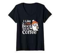 Womens I Like A Little Boos with My Coffee Halloween Ghost Gifts V-Neck T-Shirt