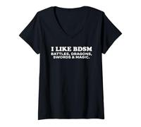 Women's I Like BDSM Battles, Dragons, Swords & Magic Funny Gamer Pun V-Neck T-Shirt