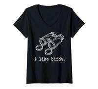 Women's I Like Birds Typography with Vintage Binoculars V-Neck T-Shirt