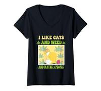 Women's I Like Cats and Weed and Maybe 3 People Cat Lover Cannabis V-Neck T-Shirt