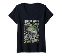 Womens I Like It When She Bends Over Funny Bass Fishing Adult Humor V-Neck T-Shirt