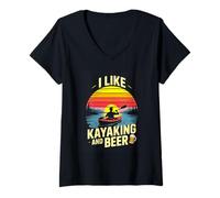 Women's I Like Kayaking and Beer Retro Sunset Lake V-Neck T-Shirt