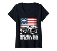 Womens I Like Muscle Cars and Believe in Jesus V-Neck T-Shirt