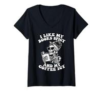 Womens I Like My Books Spicy And My Coffee Icy Bookworm Reader V-Neck T-Shirt