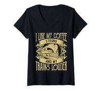Womens I Like My Coffee Strong And My Trains Louder V-Neck T-Shirt