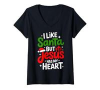 Womens I Like Santa But Jesus Has My Heart Christian Holiday V-Neck T-Shirt