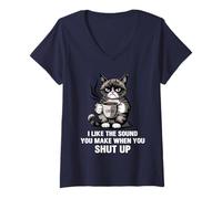 Womens I Like The Sound You Make When You Shut Up Funny Cat Coffee V-Neck T-Shirt