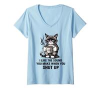 Womens I Like The Sound You Make When You Shut Up Funny Cat Coffee V-Neck T-Shirt