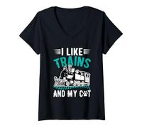 Women's I Like Trains and My Cat V-Neck T-Shirt
