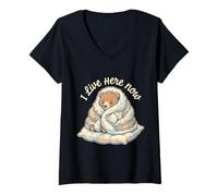 Women's I Live Here Now Funny Bear Homebody V-Neck T-Shirt