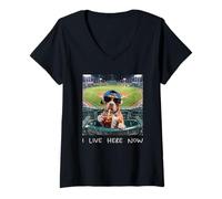 Women's I Live Here Now Funny Pitbull Funny Baseball Field Meme V-Neck T-Shirt