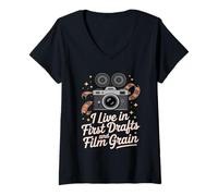 Womens I Live in First Drafts and Film Grain Analog Creative V-Neck T-Shirt
