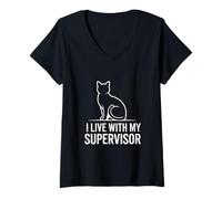 Women's I Live with My Supervisor Cat Humor V-Neck T-Shirt