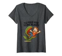 Womens I’ll Feed You to My Plants Funny Venus Flytrap Gardening V-Neck T-Shirt