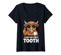 Womens I Lost My First Tooth Kids Tooth Fairy Funny Highland Cow V-Neck T-Shirt