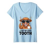 Womens I Lost My First Tooth Kids Tooth Fairy Funny Highland Cow V-Neck T-Shirt
