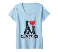 Women's I Love AI Data Centers Distressed Tech Heart Funny V-Neck T-Shirt