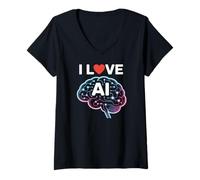 Womens I Love AI Neural Brain Tech Design V-Neck T-Shirt