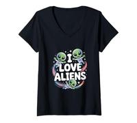 Womens I Love Aliens Cute Cartoon Astronauts Fun V-Neck T-Shirt