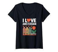 Womens I Love Amsterdam Tulip Canal Houses Bicycle V-Neck T-Shirt