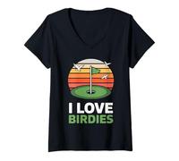 Womens I Love Birdies Golf Flag Birds Sunset V-Neck T-Shirt