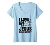 Women's I Love Boba Tea But Jesus Comes First Statement V-Neck T-Shirt