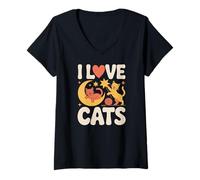 Womens I Love Cats Moon Stars Yarn Whiskers V-Neck T-Shirt