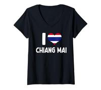Womens I Love Chiang Mai Thailand Thai Flag Heart V-Neck T-Shirt