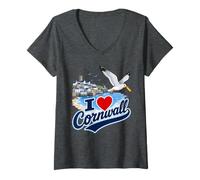 Women's I Love Cornwall Funny Seagull Stealing Chip British Seaside V-Neck T-Shirt