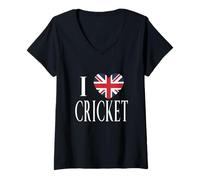 Womens I Love Cricket Great Britain Flag Heart V-Neck T-Shirt