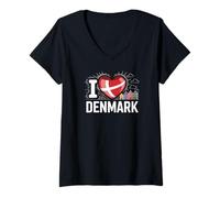 Womens I Love Denmark Heart Flag Houses V-Neck T-Shirt