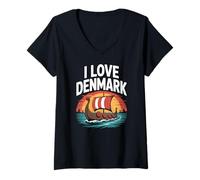 Womens I Love Denmark Viking Longship Sunset V-Neck T-Shirt