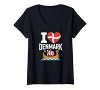 Womens I Love Denmark Viking Ship Heart Flag V-Neck T-Shirt